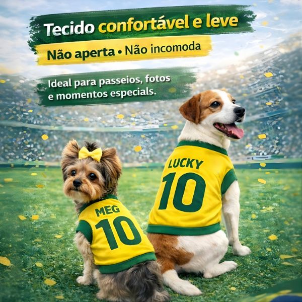 Roupinha Personalizada Copa do Mundo Brasil com Nome e Número para Cachorro e Gato Tecido Respirável