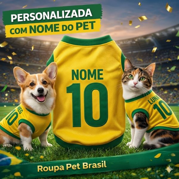 Roupinha Personalizada Copa do Mundo Brasil com Nome e Número para Cachorro e Gato Tecido Respirável