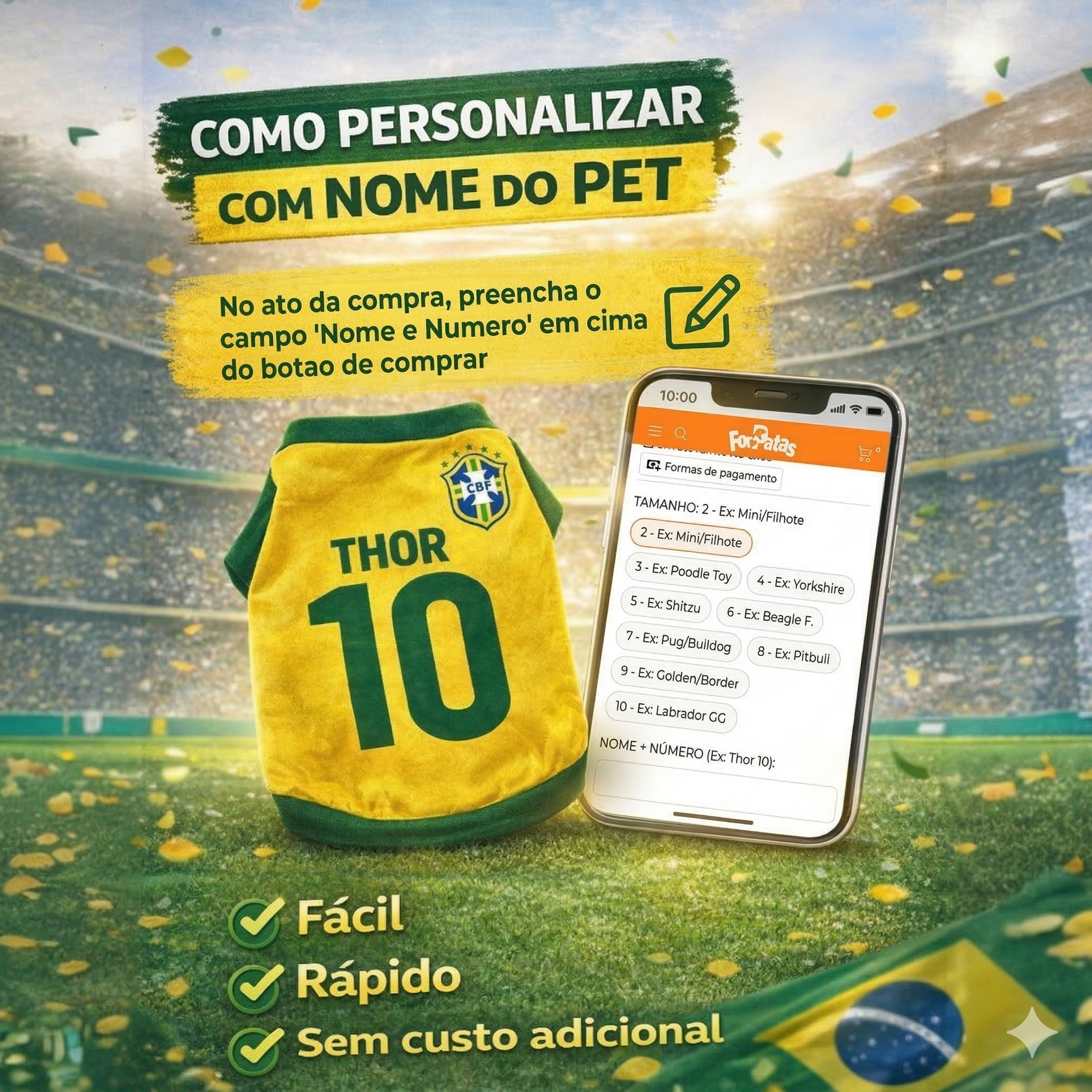 Roupinha Personalizada Copa do Mundo Brasil com Nome e Número para Cachorro e Gato Tecido Respirável