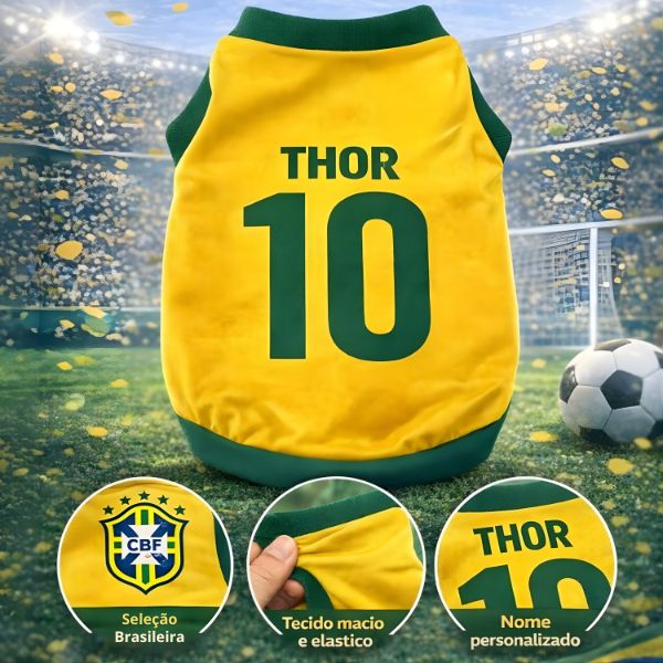 Roupinha Personalizada Copa do Mundo Brasil com Nome e Número para Cachorro e Gato Tecido Respirável