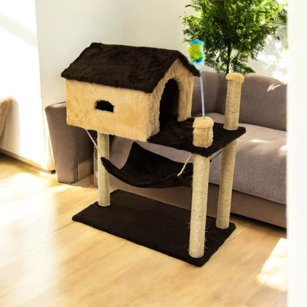 Arranhador para Gatos com Casinha e Playground Completo – Snouty™ | Diversão, Proteção e Aconchego Diário