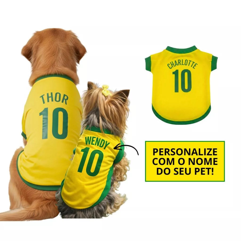 Roupinha Personalizada Copa do Mundo Brasil com Nome e Número para Cachorro e Gato Tecido Respirável
