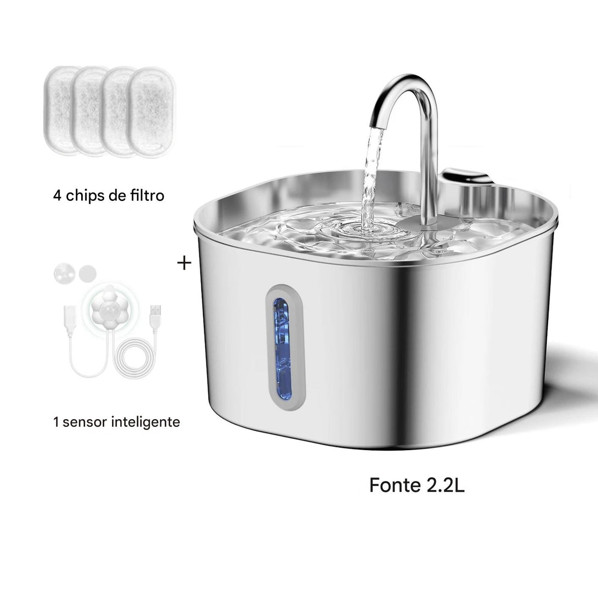 Fonte de Água Automática Inox 2.2L com Janela - FC©